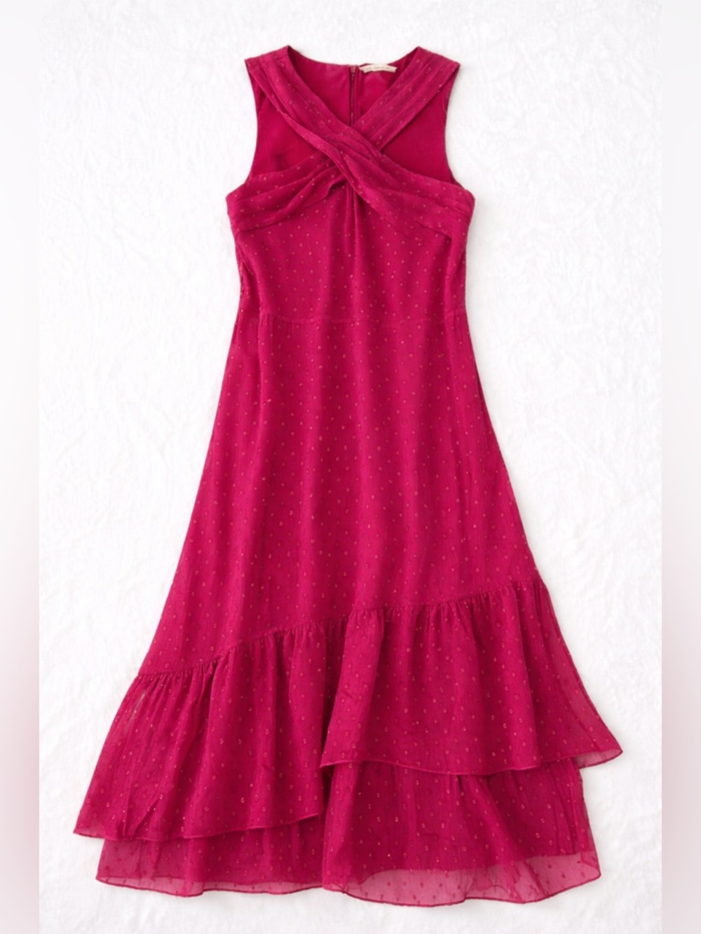 Soft Surroundings Pink Chiffon Midi Dress Size 12 Ruffle Hem Crossover Neck